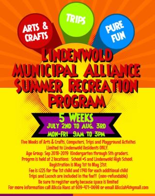 LIndenwold Summer Recreation Program.  Five weeks of fun, games, activities, arts and crafts for Lindenwold residents 